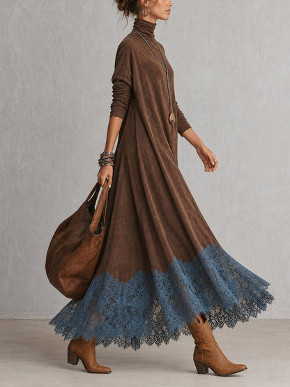 Vestido Brunella largo efecto ante con bajo de encaje floral - imagen 9