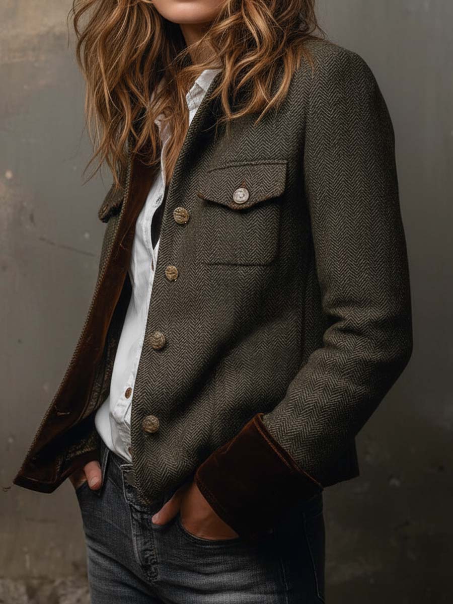 Bella – Blazer Vintage en Espiga con Ribetes en Contraste