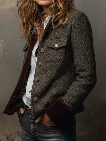 Bella – Blazer Vintage en Espiga con Ribetes en Contraste
