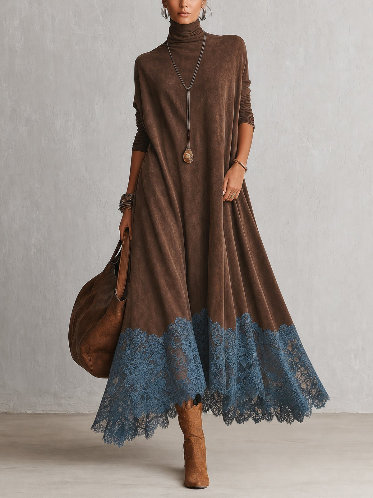 Vestido Brunella largo efecto ante con bajo de encaje floral - imagen 1