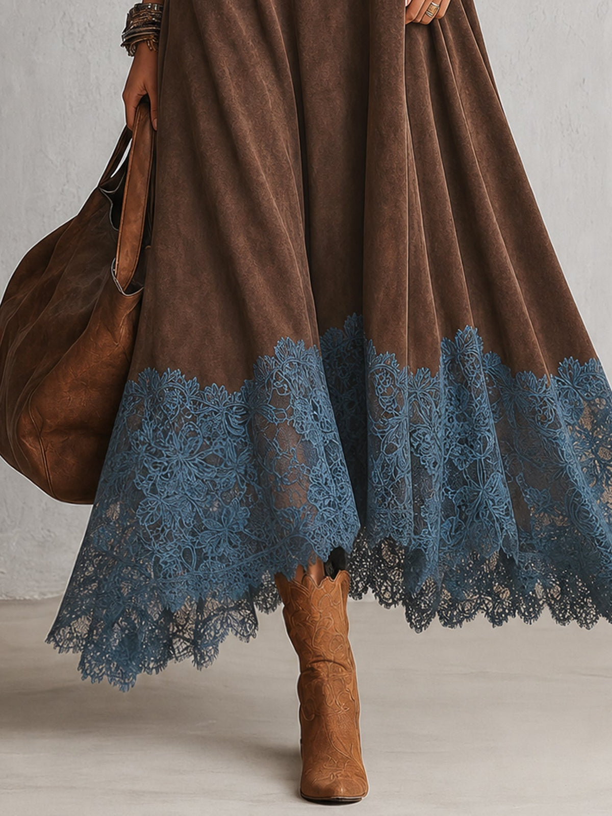 Vestido Brunella largo efecto ante con bajo de encaje floral - imagen 8
