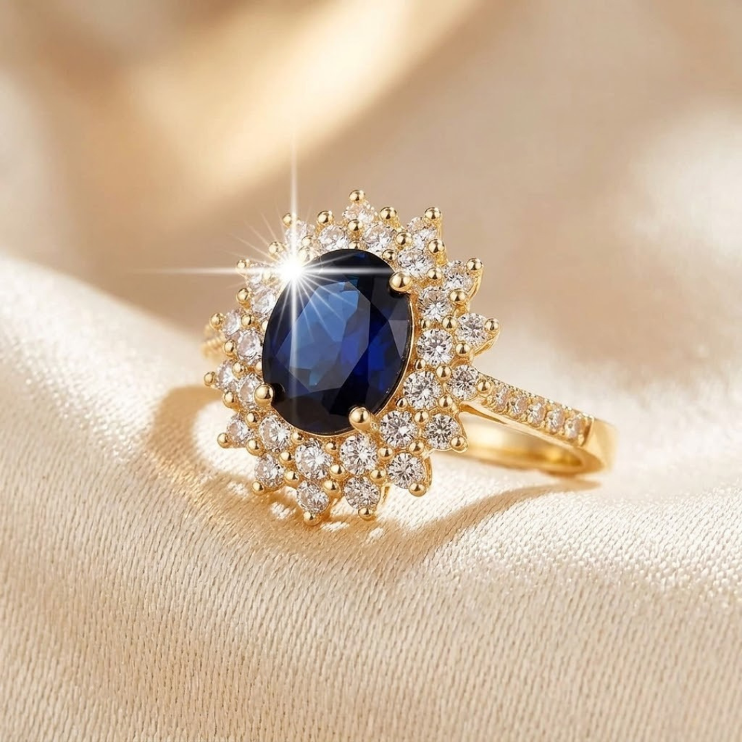 Anillo halo con piedra azul – dorado