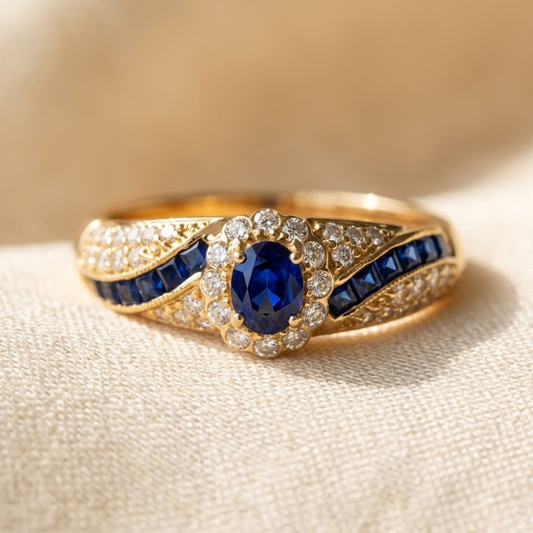 Anillo dorado con piedra azul