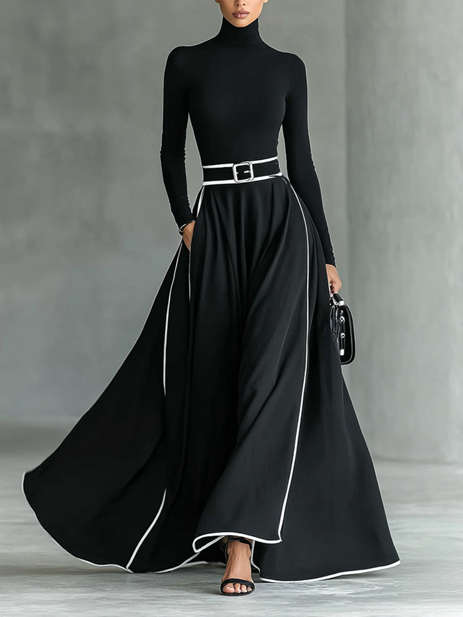 Gina – Vestido Maxi de Mujer Negro con Costuras Blancas y Cuello Alto, Manga Larga, Cintura Ceñida