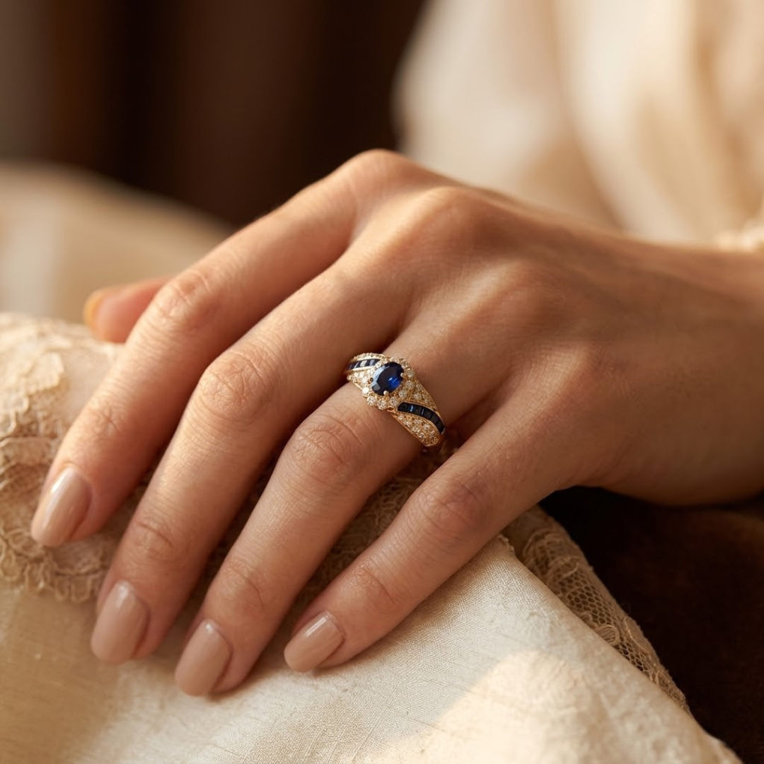 Anillo dorado con piedra azul