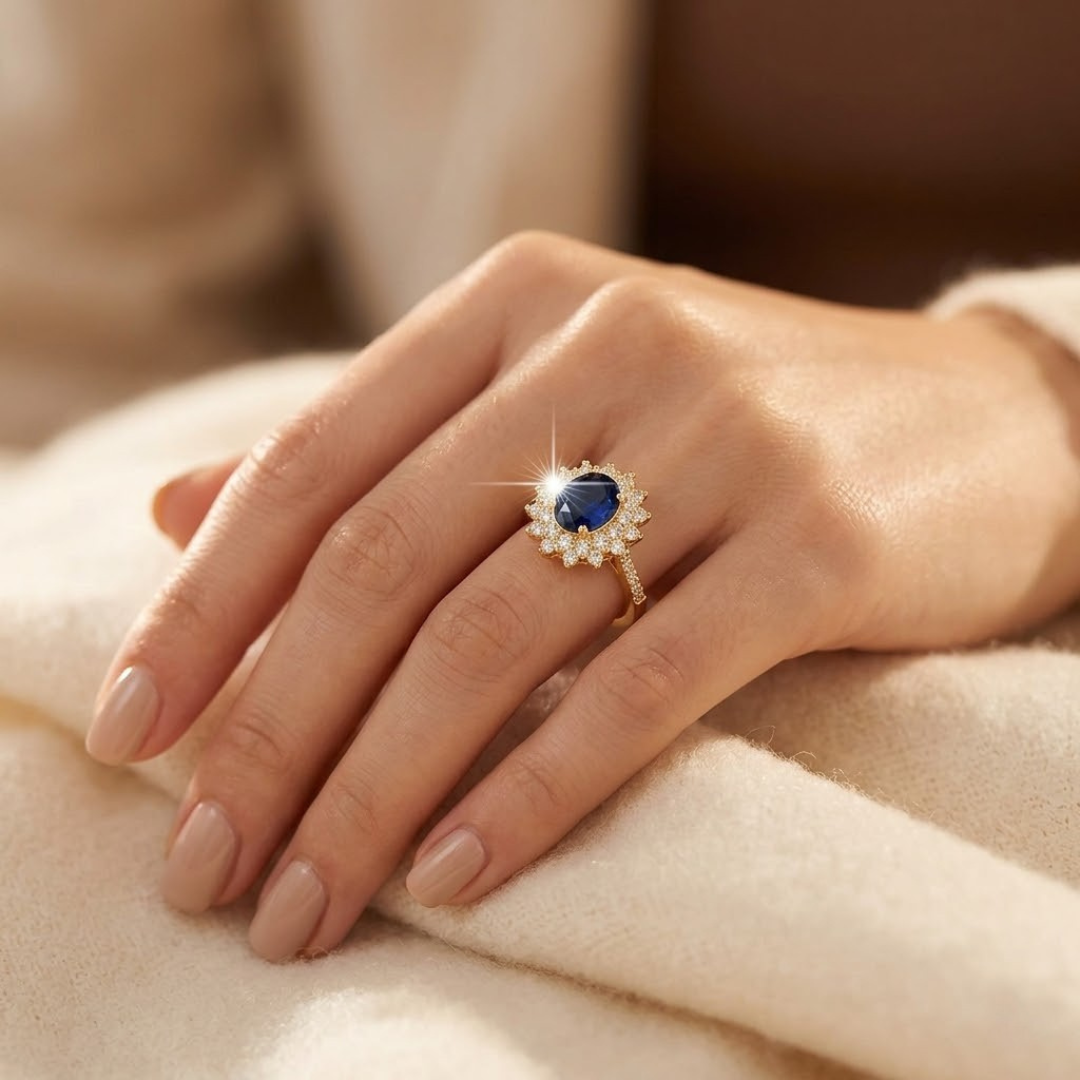 Anillo halo con piedra azul – dorado