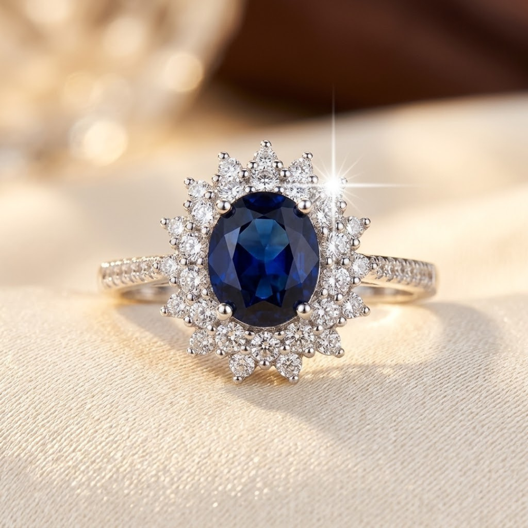 Anillo halo con piedra azul – dorado