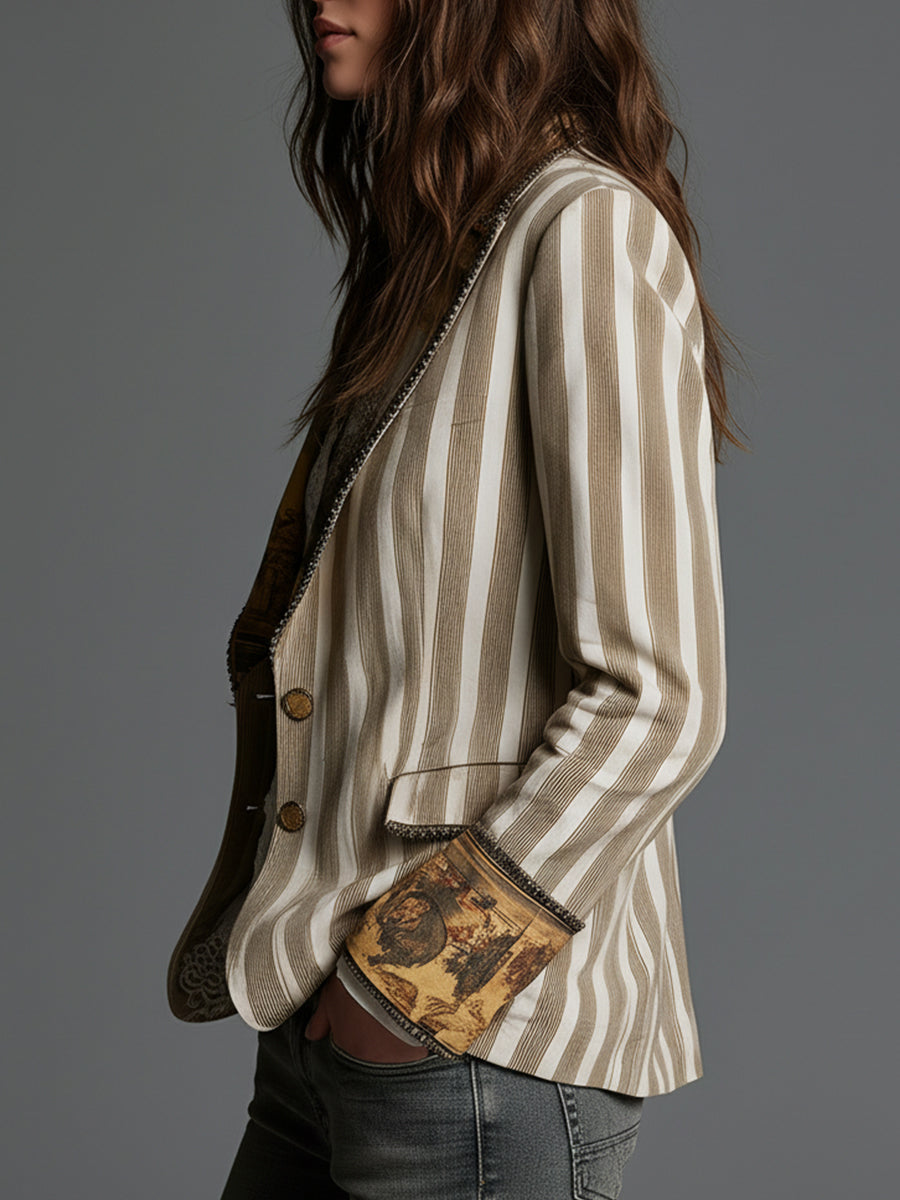 Rosanna – Blazer Bohemio de Rayas con Cuello Estampado