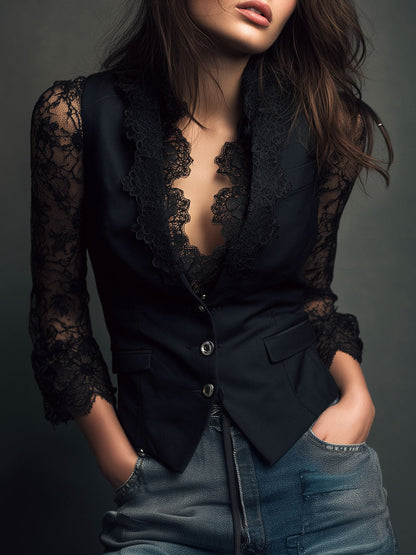 Vittoria – Blazer Negro con Mangas Semitransparentes