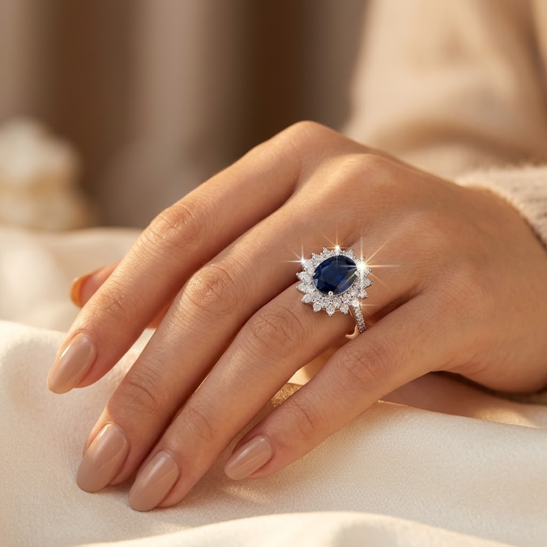 Anillo halo con piedra azul – dorado