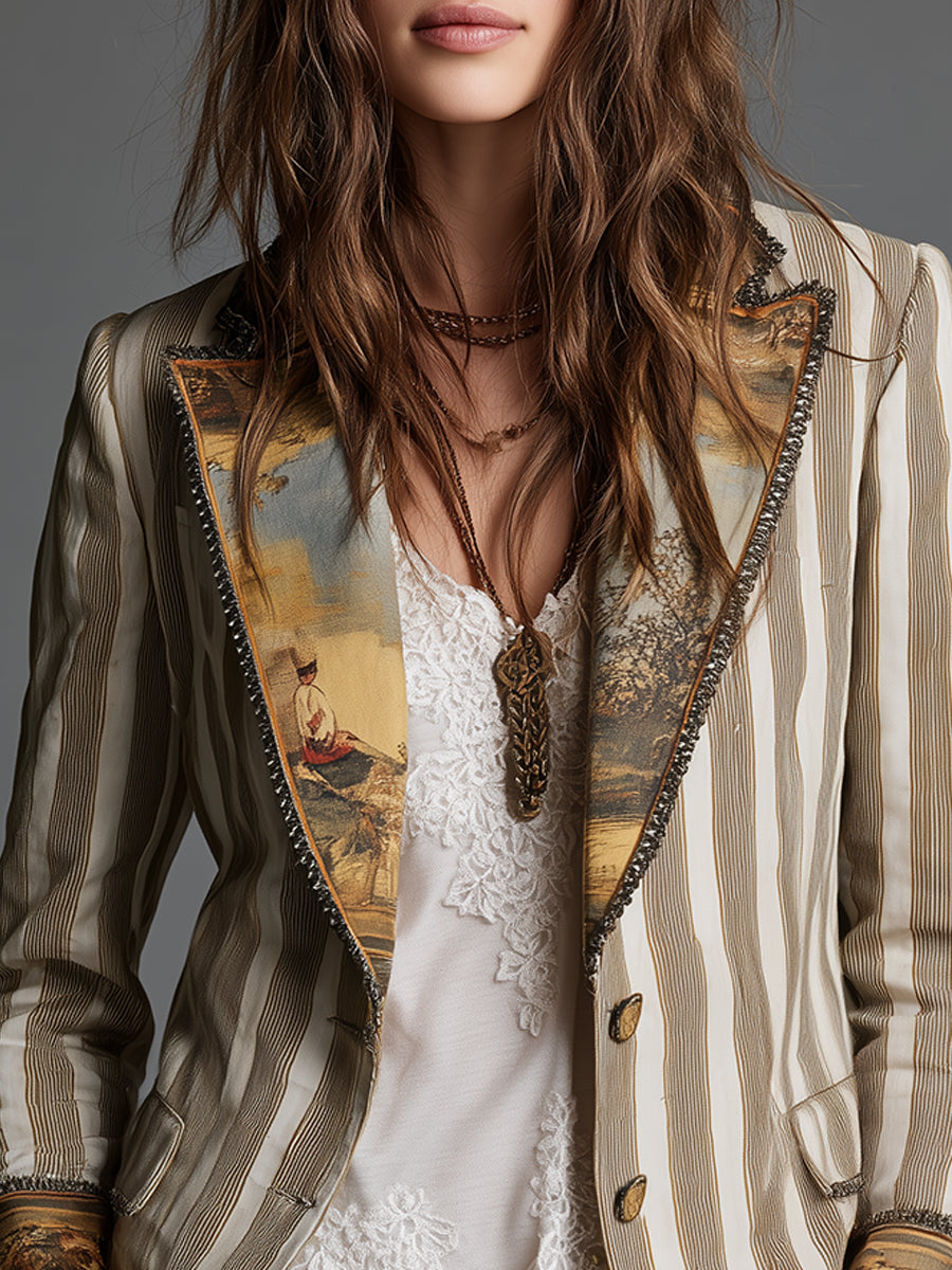 Rosanna – Blazer Bohemio de Rayas con Cuello Estampado