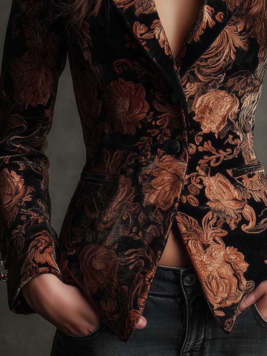 Sofia – Blazer Sastre con Estampado Floral Negro y Bronce