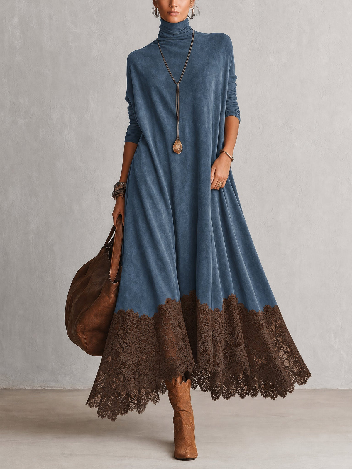 Vestido Brunella largo efecto ante con bajo de encaje floral - imagen 2