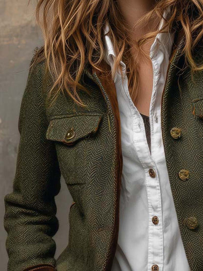 Bella – Blazer Vintage en Espiga con Ribetes en Contraste