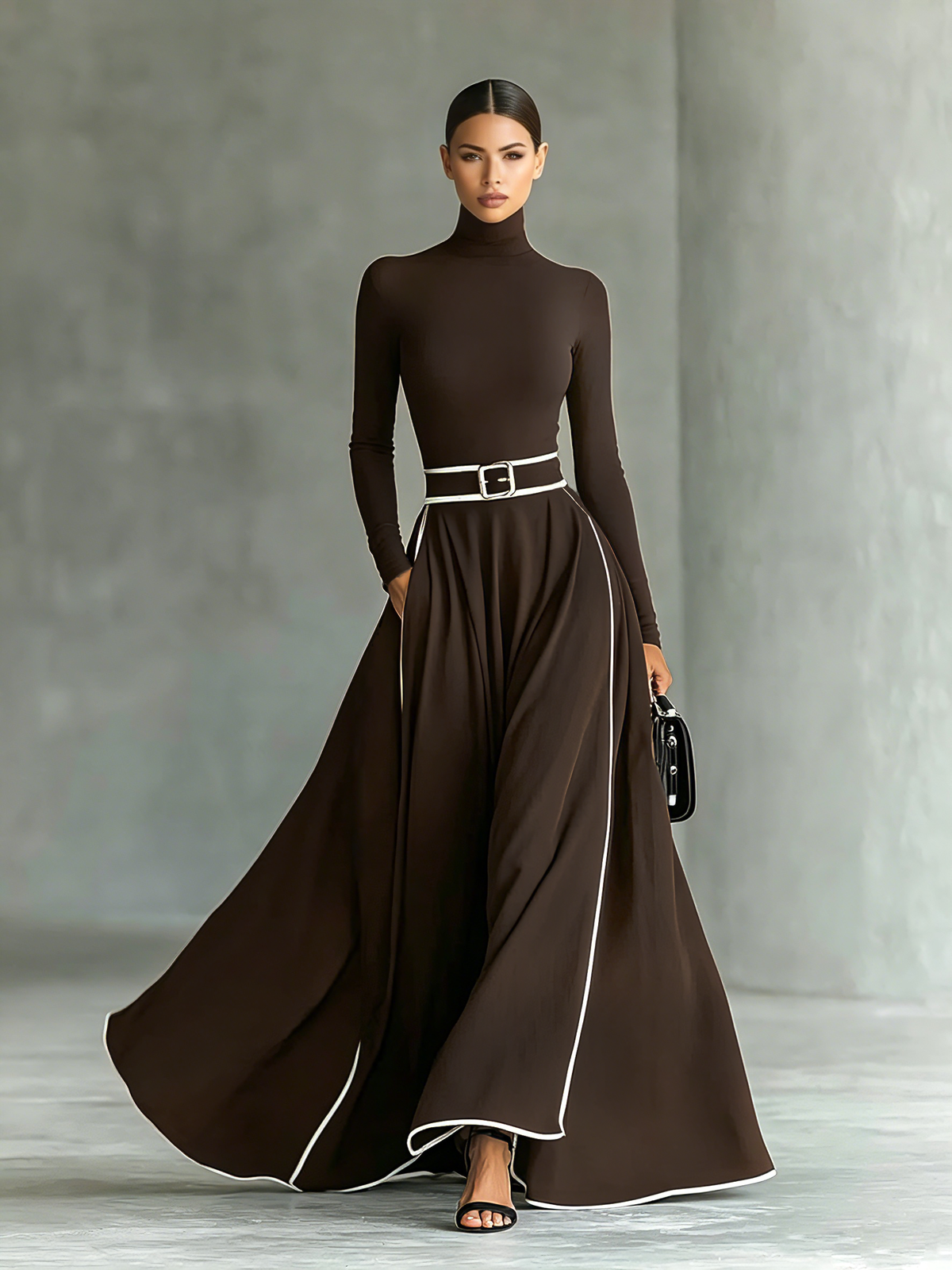 Gina – Vestido Maxi de Mujer Negro con Costuras Blancas y Cuello Alto, Manga Larga, Cintura Ceñida