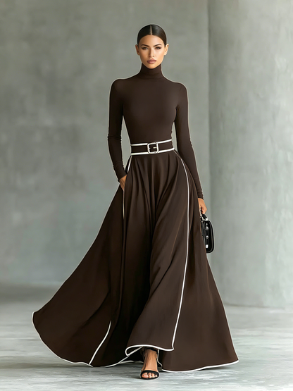 Gina – Vestido Maxi de Mujer Negro con Costuras Blancas y Cuello Alto, Manga Larga, Cintura Ceñida