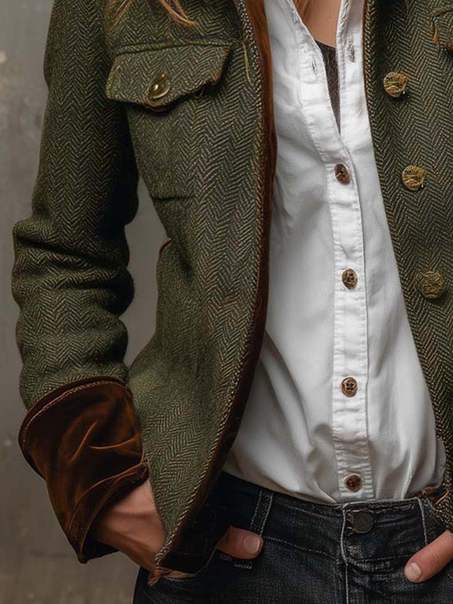 Bella – Blazer Vintage en Espiga con Ribetes en Contraste