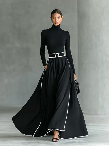 Gina – Vestido Maxi de Mujer Negro con Costuras Blancas y Cuello Alto, Manga Larga, Cintura Ceñida