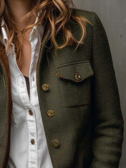 Bella – Blazer Vintage en Espiga con Ribetes en Contraste