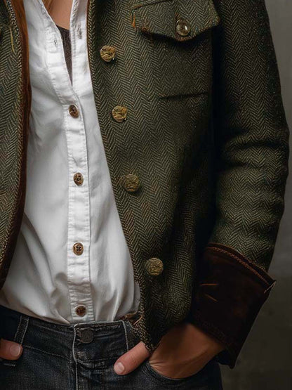 Bella – Blazer Vintage en Espiga con Ribetes en Contraste