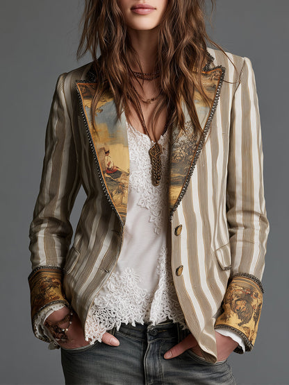 Rosanna – Blazer Bohemio de Rayas con Cuello Estampado