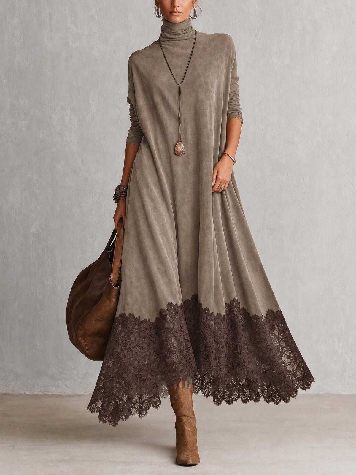 Vestido Brunella largo efecto ante con bajo de encaje floral - imagen 3
