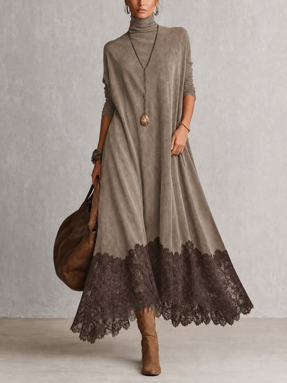 Vestido Brunella largo efecto ante con bajo de encaje floral - imagen 3