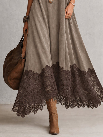 Vestido Brunella largo efecto ante con bajo de encaje floral - imagen 14