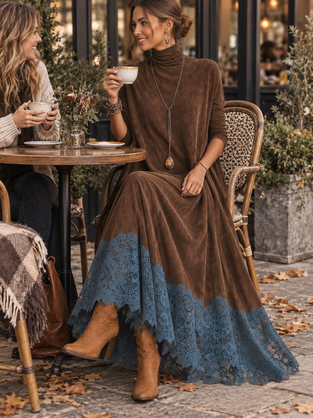 Vestido Brunella largo efecto ante con bajo de encaje floral - imagen 6