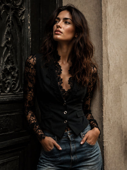 Vittoria – Blazer Negro con Mangas Semitransparentes