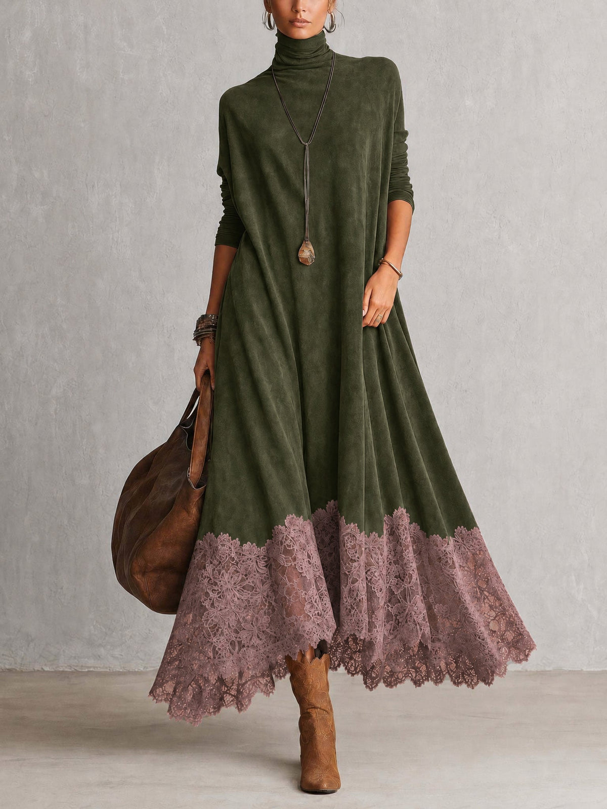 Vestido Brunella largo efecto ante con bajo de encaje floral - imagen 4