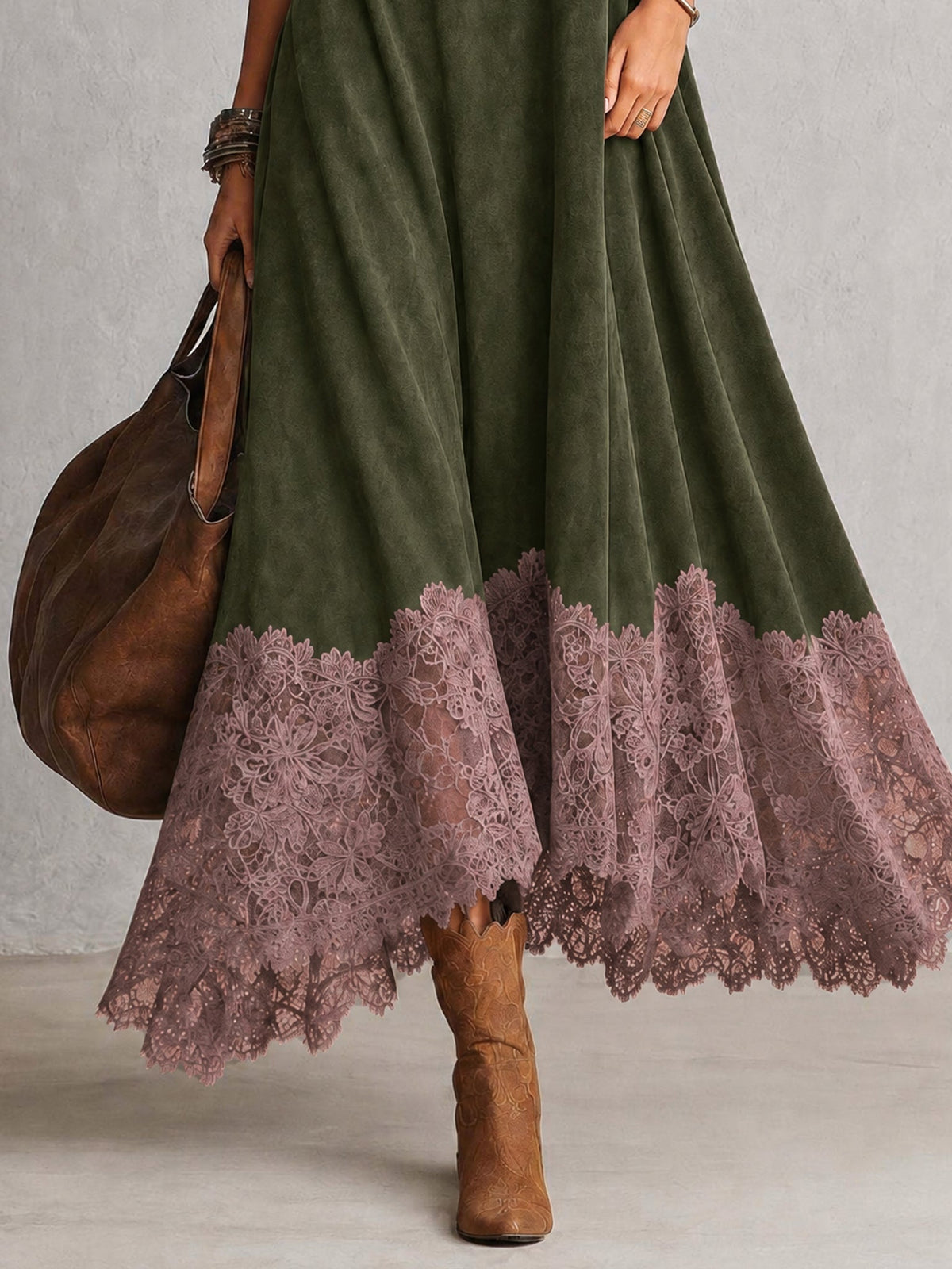 Vestido Brunella largo efecto ante con bajo de encaje floral - imagen 16