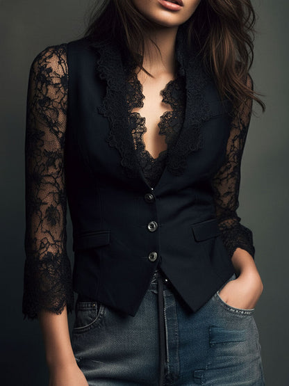 Vittoria – Blazer Negro con Mangas Semitransparentes