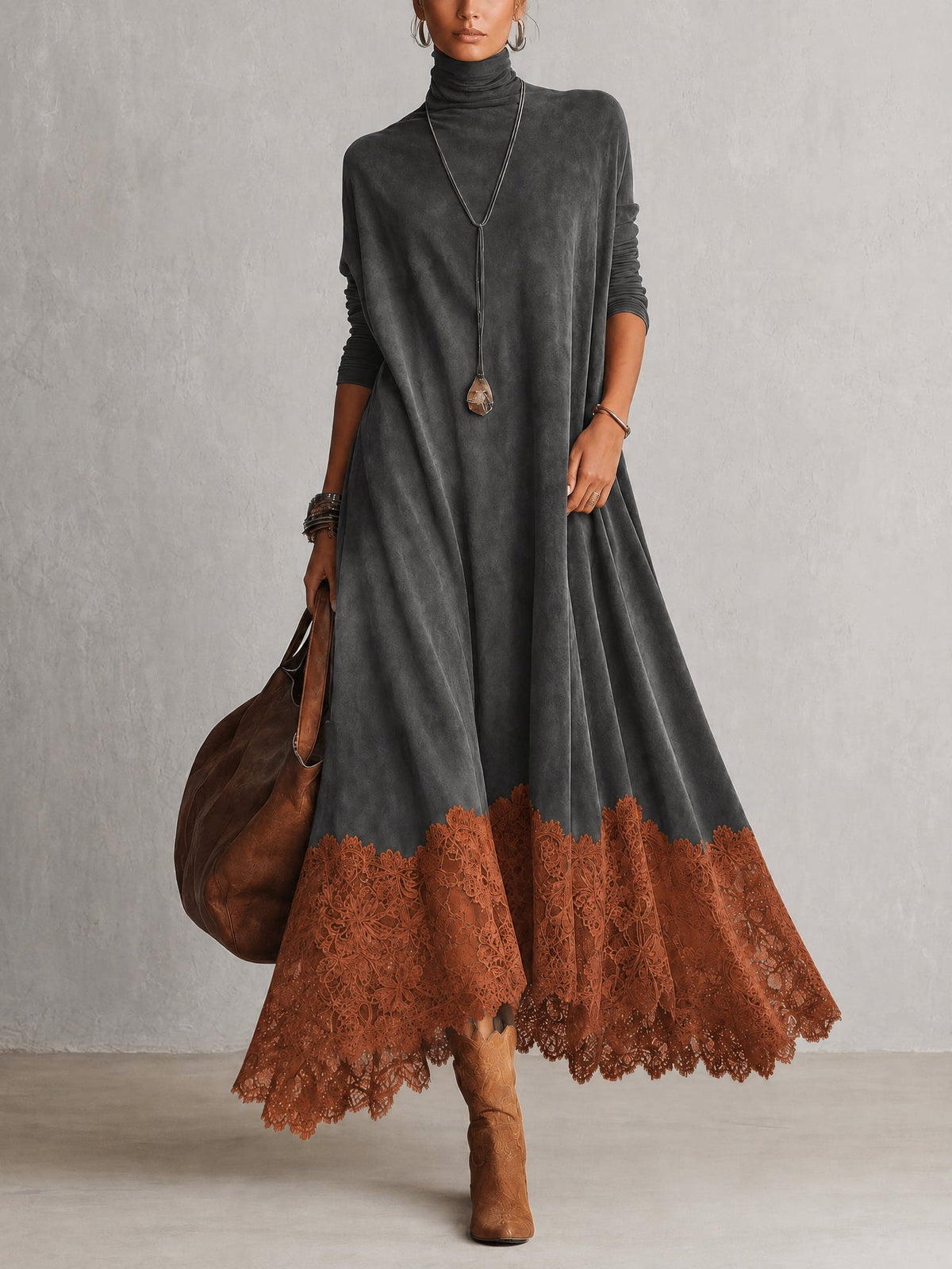 Vestido Brunella largo efecto ante con bajo de encaje floral - imagen 5
