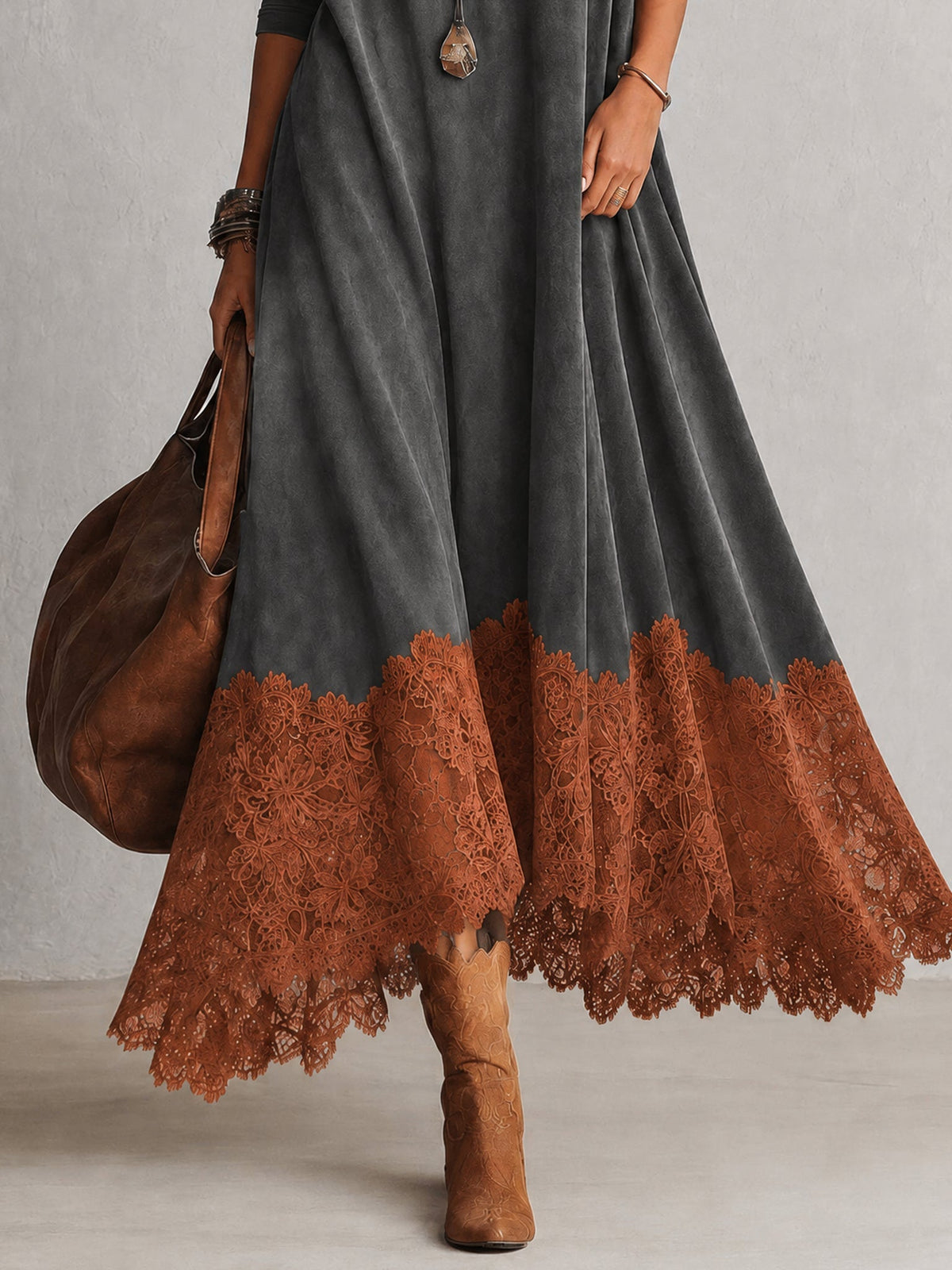 Vestido Brunella largo efecto ante con bajo de encaje floral - imagen 18