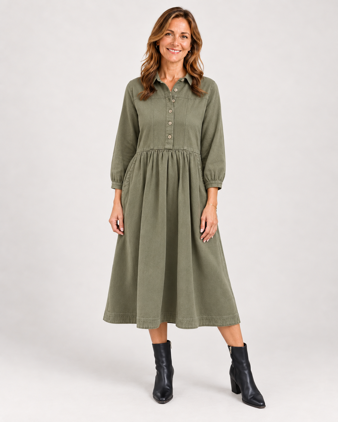 Vestido Camisero Midi Verde Oliva