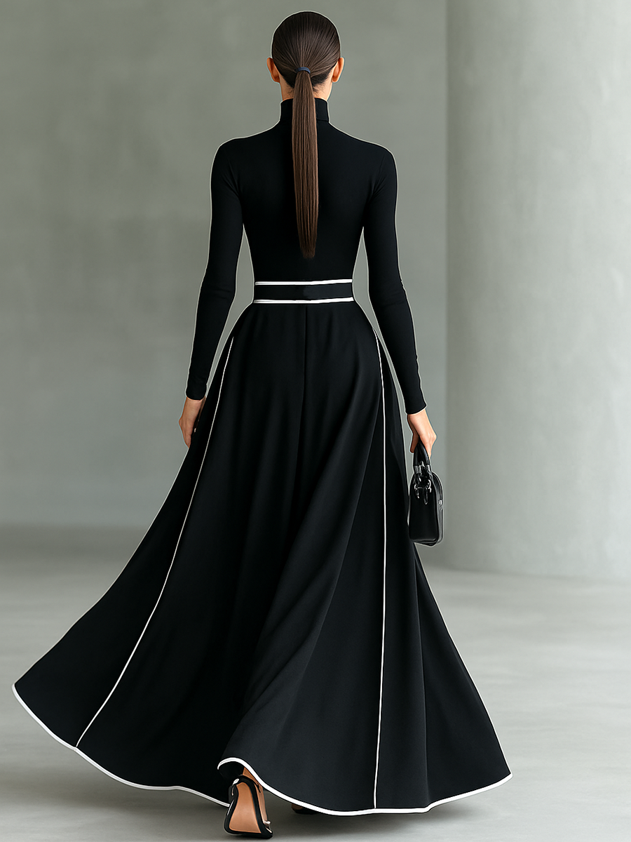 Gina – Vestido Maxi de Mujer Negro con Costuras Blancas y Cuello Alto, Manga Larga, Cintura Ceñida