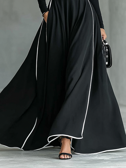 Gina – Vestido Maxi de Mujer Negro con Costuras Blancas y Cuello Alto, Manga Larga, Cintura Ceñida