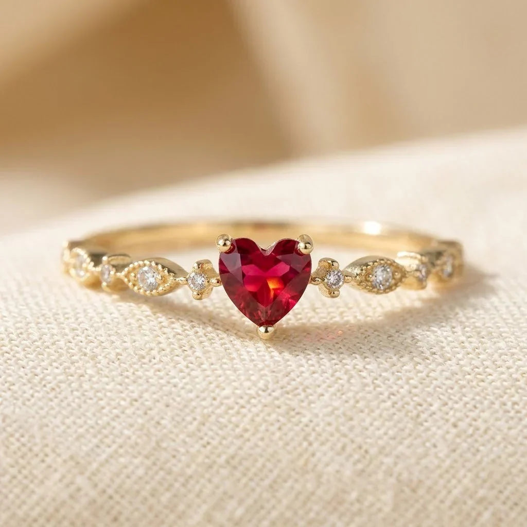 Anillo corazón con piedra roja