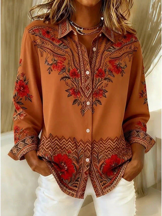 Dawnflora | Blusa floral artística en terracota - Terracota